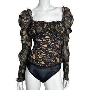 Free People Brunch Date Floral Print Black and‎ Brown Bodysuit Woman's XS